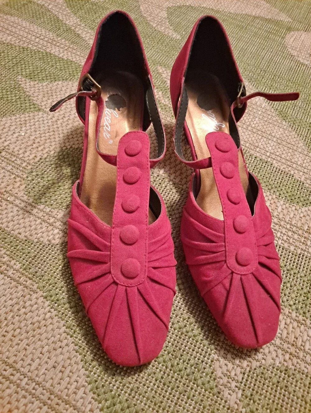 Red Suede T-Strap Heels with Pleated Front and Button Detail